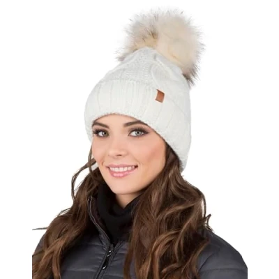 Image of Vivisence Winter Women&#039;s Stylish Hat with Pompom Soft Fleece Lining for Ladies Warm and Comfortable Ideal Cold Days Everyday Wear, Ecru,UNI