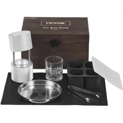 Image of VEVOR Ice Ball Press Kit, Aircraft Al Alloy with Block Mold, Large Mat, Tong, Drip Tray, One Glass, Round Maker 2.4&quot;/60 mm Sphere, for Whiskey, Cocktail on Party &amp; Holiday