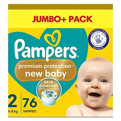 Image of Pampers New Baby Size 2, 76 Newborn Nappies, 4kg 8kg, Jumbo+ Pack