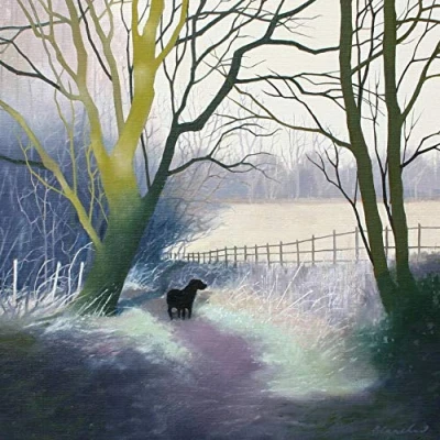 Image of Landscape and dog greeting card. Frosty woods black by Heather Blanchard