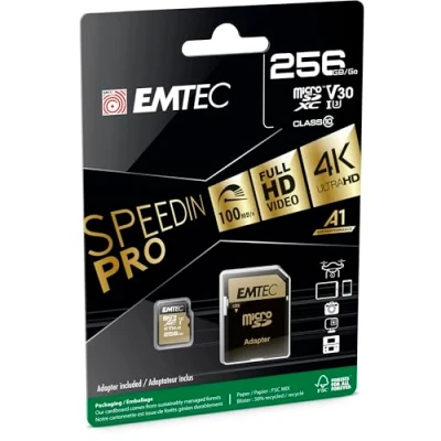 Image of EMTEC UHS I U3 V30 A1 microSD card 256 GB, GB ECMSDM256GXC10SP Speedin range with adapter read and write speeds up to 100 MB/s, MB/s Black/Gold