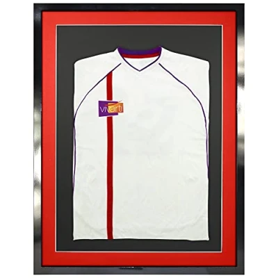Image of Vivarti DIY Adult 3D Mounted Sports Shirt Display Frame for Football Shirt, Rugby Band T Shadow Box 60 x 80cm Gloss Black Frame, Red Mount, Backing Card