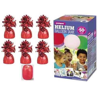 Image of Large helium balloon Canister with 6 Red weights and 10m Ribbon fills upto 50 9 inch latex balloons