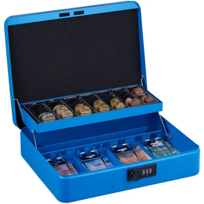 Image of Relaxdays Cash, 3 Digit Number Combination, Coin Insert, Iron Money Box, H x W D: 8.5 30.5 25 cm, Blue, 60% 30% Plastic 10% Steel, 8,5 30,5 cm