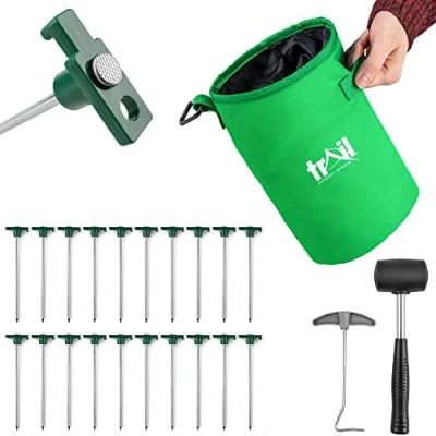 Image of Trail 20 x Tent Pegs for Hard Stony Ground Heavy Duty Steel with Mallet, Peg Extractor and Bag Carabiner Clip (Peg Size: 20cm 5.5mm)