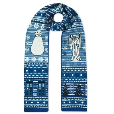 Image of DOCTOR Who Christmas Scarf Official BBC Dr merchandise with TARDIS, Weeping Angels and Snowmen pattern Xmas Gifts