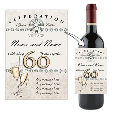 Image of Personalised 60th Diamond Wedding Anniversary Wine Champagne Bottle Label Gift Idea N58