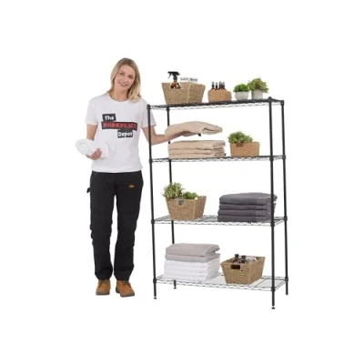 Image of The WORKPLACE Depot Wire Shelving, 4 Tier Metal Shelving Unit with Height Adustable Shelves Leveling Feet (Black, No Wheels)