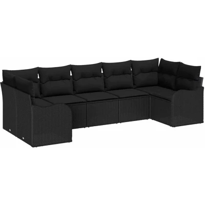 Image of vidaXL 7 Piece Garden Sofa Set with Cushions Black Poly Rattan
