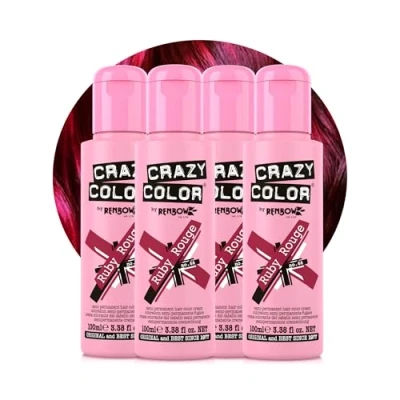Image of Crazy Color Vibrant Ruby Rouge Semi Permanent 4 Pack Quad Hair Dye. Highly Pigmented Wine Red/Plum Conditioning &amp; Oil Nourishing Vegan Formula No Bleach or Ammonia 400ml