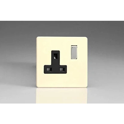 Image of Varilight Primed Ready to Paint Flat Plate Screwless 1 Gang 13 Amp Switched Plug Socket Black Inserts