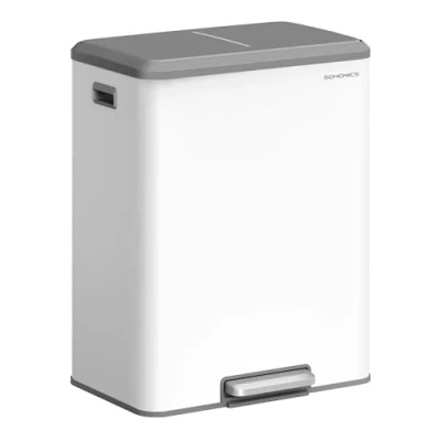 Image of SONGMICS Kitchen Bin, 2 x 8 Gal. (2 30 L) Double Rubbish Bin for Recycling and Waste, Inner Buckets, Stainless Steel, Soft Close Lid, Wide Sturdy Pedal, Cloud White LTB556W02