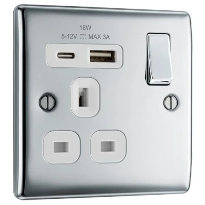 Image of BG Electrical Single Switched Power Plug Wall Socket with Type A USB and C Charging Ports, Fast Charge, Round Edges, Nexus Metal, Polished Chrome, White Inserts,13A 18W NPC21UAC18W
