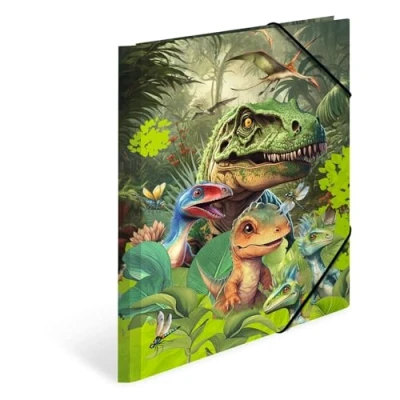 Image of HERMA Children&#039;s A4 Dinosaur Portfolio Folder, Corner Folder Made of Cardboard with Animal Dino Motif, Elastic Band, Inner Flaps and Print for Boys Girls