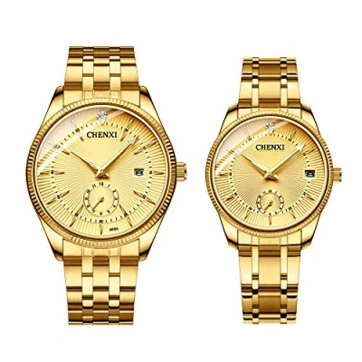 Image of JewelryWe Men Women Gold Watches Stainless Steel Couple Wristwatch Calendar Quartz Watch His and Her Matching Set with Second Dial