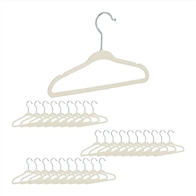 Image of Relaxdays Velvet Coat Hangers Pack of 30, Non Slip Clothes Hangers, Boys &amp; Girls, Swivel Hook, Pants Rail, Cream