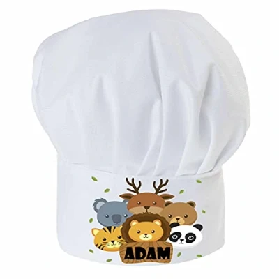 Image of Personalised Chef Hat For children with your name Professional Cooks Hats Baker Home Kitchen School Fully Adjustable Animals [099]