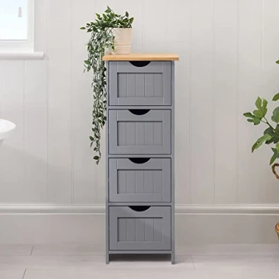 Image of Christow Grey Bathroom Drawers, Wooden 4 Drawer Storage Unit, Free Standing Floor Cabinet, Shaker Style with Natural Bamboo Top (82cm x 30cm 30cm)