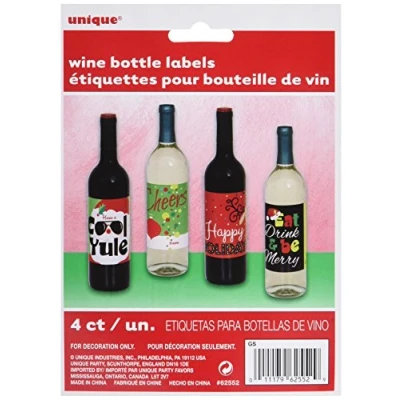 Image of Unique Party 62552 Christmas Wine Bottle Labels, Assorted Pack of 4