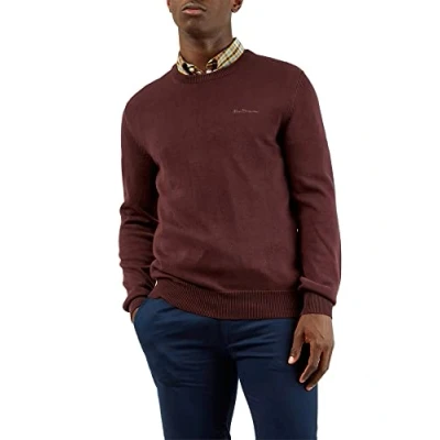 Image of Ben Sherman Signature Mens Knitted Crew Neck Jumper Bordeaux Regular Fit Knitwear 100 Percent Organic Cotton Machine Washable, XL