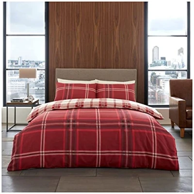 Image of GC GAVENO CAVAILIA Reversible Tartan Bedding Sets, Check Duvet Cover Double Red, Washable Quilt Covers
