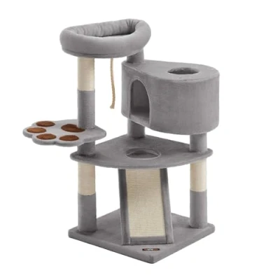 Image of Feandrea Cat Tree, Cute Tower with Scratching Post and Ramp, Multi Level Condo Perch, Cave, for Cats up to 7 kg, 49 x 95 cm, Grey PCT40W