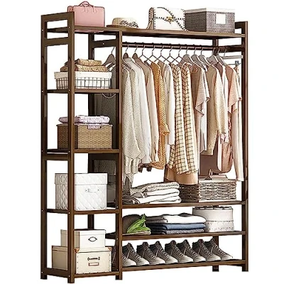 Image of angelfanmily Bamboo Clothes Rack, Heavy Duty Rail, Garment Rack with 2 Tier Shoe Storage Shelf, Hooks for Hanging Clothes, Shelves Coats, Bags, Shoes, Load 120 kg