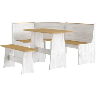 Image of vidaXL 3 Piece Solid Wood Pine Dining Set Corner Bench, Table &amp; Bench in Honey Brown and White for Kitchen/Dining Room