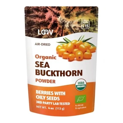 Image of LOOV Organic Sea Buckthorn Powder, High in Fibre, Made from 100% Whole Berries, 113 g, Grown Nordic Climate, Rich Omega Blend, Vitamin C, E, 23 Day Supply, No Added Sugar, Non GMO