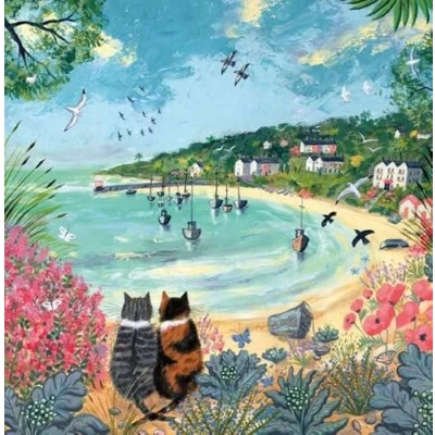 Image of Noel Tatt General Male/Female Blank/Birthday Card for Men/Women &#039;Sunny Bay Cats&#039; Pretty Harbour Scene Eco Friendly &amp; Recyclable