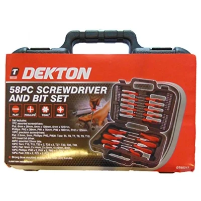 Image of Dekton 58pc Screwdriver and Bit Set Srong Blow Molded Storage Case with Carry Handle Includes:7pc Assorted Screwdrivers,10pc Precision Screwdrivers,1pc Insert Driver,40pc Bits