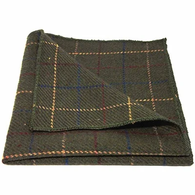 Image of King &amp; Priory Heritage Check Regency Green Pocket Square, Tweed, Handkerchief