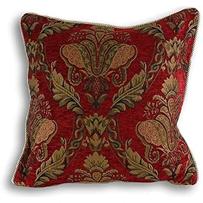 Image of Shiraz Large Square Cushion Cover Burgundy Red Embroidered Damask Jacquard Gold Piped Edges Reversible Zip Closure 100% Polyester 58 x 58cm (23&quot; 23&quot; inches) Made by Riva Paoletti
