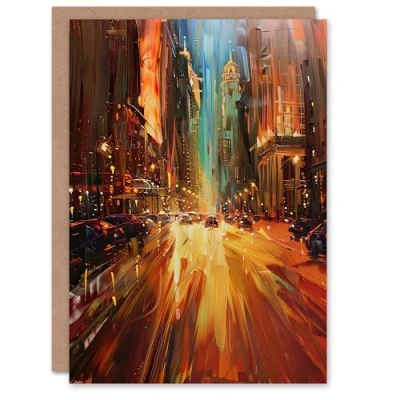 Image of Artery8 Greeting Card New York City Night Cityscape Abstract Painting Blank For Him Or Her Art Birthday
