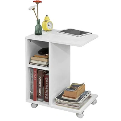 Image of SoBuy® FBT48 W, Sofa Side Table End Coffee on Wheels with 2 Storage Shelves &amp; Tablet Holder, White