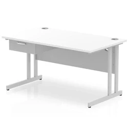 Image of Impulse 1400x800 Desk Cantilever Leg White/Silver 1x1 Drawer Fixed Ped