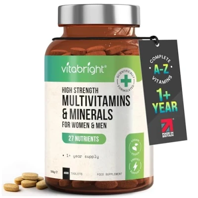 Image of Adult Multivitamin with Iron and Minerals, 400 High Strength 100% RDA of All Vitamins, Vegan Tablets for Women, Men, VitaBright Vitamin Supplements