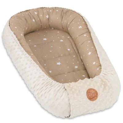 Image of Warm Baby nest 90x50 cm Cuddly Newborn Winter/Autumn Cocoon Sun Beige with White Stars