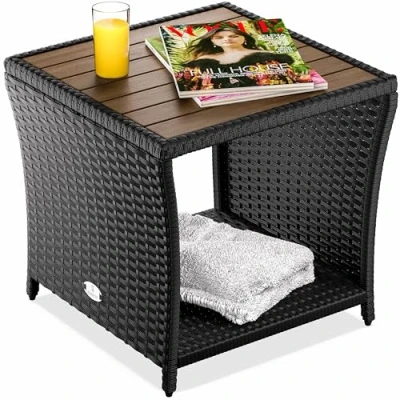 Image of CASARIA® Weatherproof Polyrattan Garden Side Table with Acacia Wood Tabletop Powder Coated Steel Frame 45x45x40cm 80kg Load Capacity Indoor Outdoor Balcony Patio Furniture Black