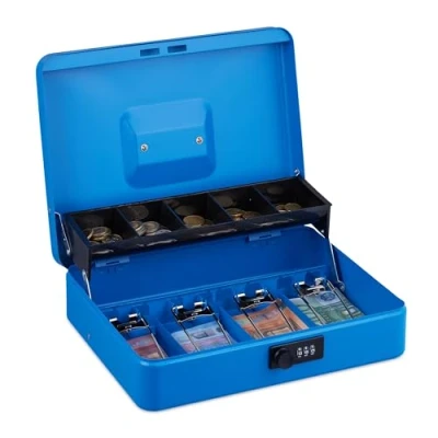 Image of Relaxdays Money box with combination lock, 3 digits, compartments for notes and coins, lockable, iron, blue, steel, 8,5 x 30,5 24,5 cm