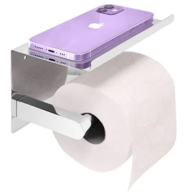 Image of Joeji&#039;s Kitchen Toilet Paper Roll Holder with Shelf Brushed Stainless Steel Wall Mounted Strong Adhesive or Screws Rustproof Loo Dispenser Phone Storage (Chrome Silver)