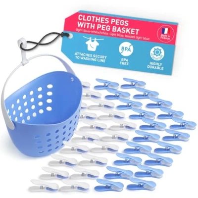 Image of culiclean Clothes Pegs for Washing Line with Basket Strong Soft Grip 40 pcs Clips + 1 Peg Basket, Laundry light blue white Handle