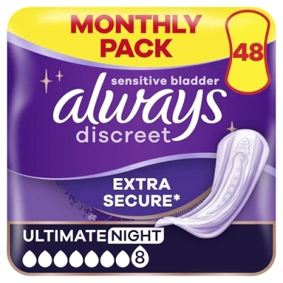 Image of Always Discreet Incontinence Pads Women, Ultimate Night, Absorbency 7, 48 Sanitary Heavy Flow (12 x 4 Packs), Extra Secure Bladder Weakness Odour Neutraliser
