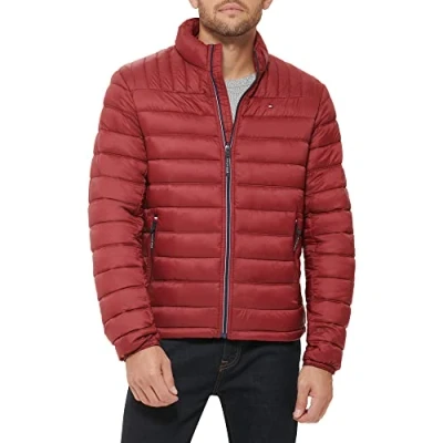 Image of Tommy Hilfiger Men&#039;s Lightweight Down Alternative Packable Puffer Jacket Coat, Red, M