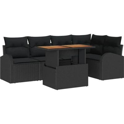 Image of vidaXL 6 Piece Garden Sofa Set with Cushions Black Poly Rattan