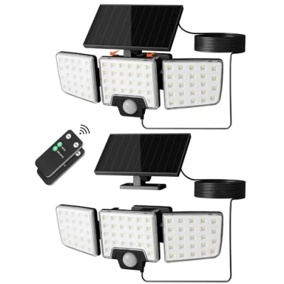 Image of Lepro Solar Security Lights Outdoor Motion Sensor, 2 in 1 Separated and Integrated Remote Control IP65 Waterproof with Light Modes, 3 Heads Floodlight for Garden Yard