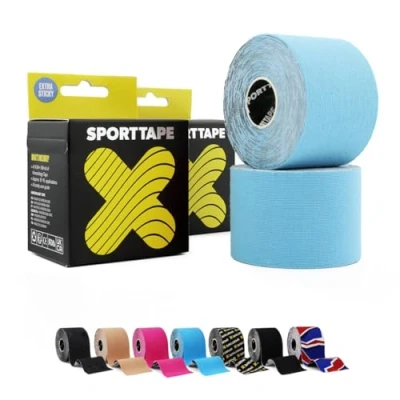Image of 2 Rolls SPORTTAPE Kinesiology Tape 5cm x 5m Blue Physio &amp; Sports Injury Muscle for Knee Pain, Shoulder, Ankle Shin Splints Support Waterproof Hypoallergenic Kinetic