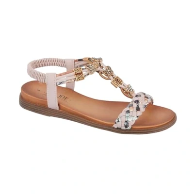 Image of Jo &amp; Joe Ladies Braided T Strap Design Embellished Trim Elasticated Back Flat Sandals (Pink, UK Footwear Size System, Adult, Women, Numeric, Medium, 6)