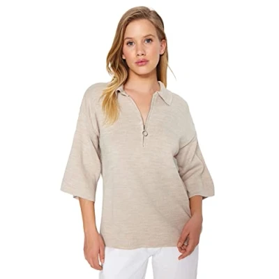 Image of Trendyol Women Oversize Basic Shirt Collar Knitwear Sweater Stone