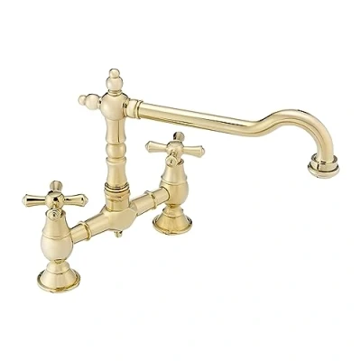 Image of ENKI, Langley, KT114, English Gold, Traditional Bridge Kitchen Sink Mixer Tap for Basin, Brass Construction, with Twin Levers &amp; Swivel Spout Perfect Double Bowl Sinks, Compression Valves